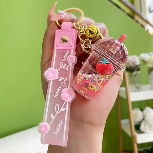 Ergugos Acrylic Strawberry Keychain Lucky Milk Tea Cup Key Ring Key Chain Jewelry Gift for Children Women Girlfriend Trendy Bag Backpack Car Keys Pendant Cute Transparent Cup Decoration, Pink in Saudi Arabia