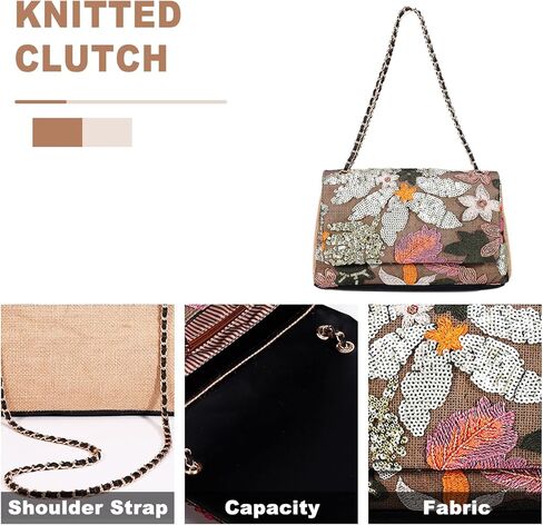 Tote Bag for Women, Beach Bag, Handmade Sequin Embroidery Straw Bag Bohemian Handbag Large Capacity Shoulder Bag Suitable for Vacation, Travel, Daily, Banquet(Silver Flower) in Kuwait