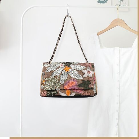 Tote Bag for Women, Beach Bag, Handmade Sequin Embroidery Straw Bag Bohemian Handbag Large Capacity Shoulder Bag Suitable for Vacation, Travel, Daily, Banquet(Silver Flower) in Kuwait