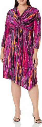 London Times Women's Twist Front Long Sleeve Polished Career Chic Asymmetric Hem Matte Jersey Printed Dress in Saudi Arabia