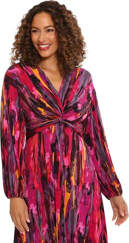 London Times Women's Twist Front Long Sleeve Polished Career Chic Asymmetric Hem Matte Jersey Printed Dress in Saudi Arabia