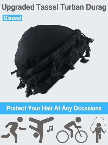 Tassel Turban Twist Durag for Men Satin Lined Turban Halo Head Wrap with Elastic Band for 22.83'' - 23.62'' Circumference in Saudi Arabia