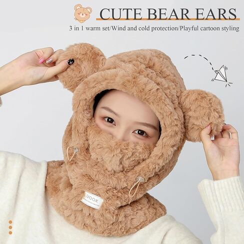 LumiSyne Women Girls Winter Scarf Hat Gloves 3 In 1 hooded Scarf With Mittens Cat Bear Ears Polar Fleece Hoodie Pocket in Saudi Arabia