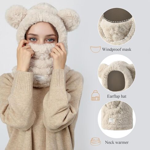 LumiSyne Women Girls Winter Scarf Hat Gloves 3 In 1 hooded Scarf With Mittens Cat Bear Ears Polar Fleece Hoodie Pocket in Saudi Arabia