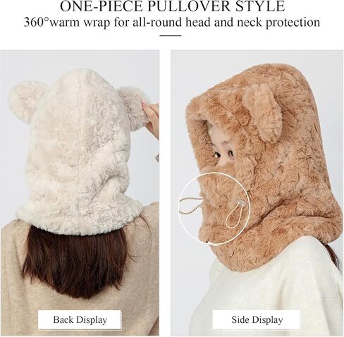 LumiSyne Women Girls Winter Scarf Hat Gloves 3 In 1 hooded Scarf With Mittens Cat Bear Ears Polar Fleece Hoodie Pocket in Saudi Arabia