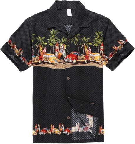 Palm Wave Men's Hawaiian Shirt Aloha Shirt Luau Shirt M Black Vintage Cars in Kuwait