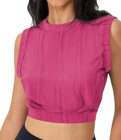 تيشيرت نسائي صيفي قصير بدون أكمام سادة بخصر محكم، تي شيرت برقبة دائرية، بدون أكمام لليوجا، كاجوال in Kuwait