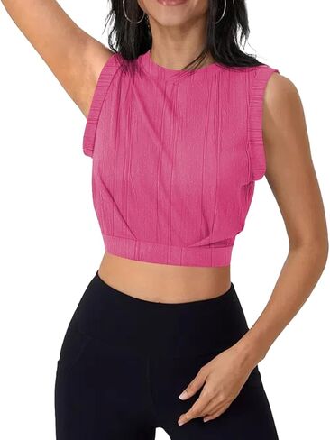 تيشيرت نسائي صيفي قصير بدون أكمام سادة بخصر محكم، تي شيرت برقبة دائرية، بدون أكمام لليوجا، كاجوال in Kuwait