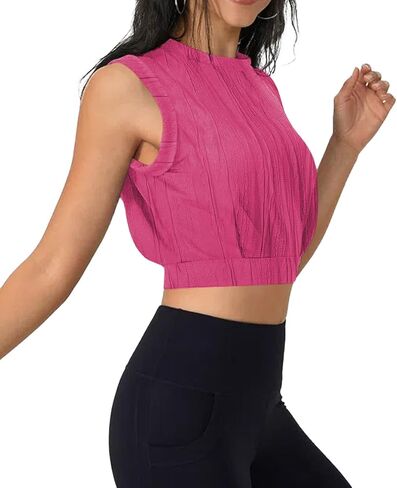 تيشيرت نسائي صيفي قصير بدون أكمام سادة بخصر محكم، تي شيرت برقبة دائرية، بدون أكمام لليوجا، كاجوال in Kuwait