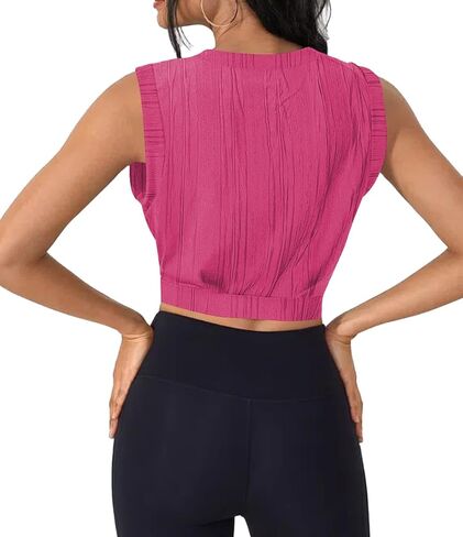 تيشيرت نسائي صيفي قصير بدون أكمام سادة بخصر محكم، تي شيرت برقبة دائرية، بدون أكمام لليوجا، كاجوال in Kuwait