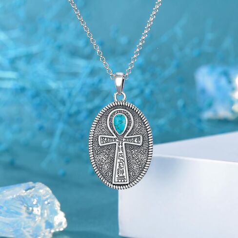 قلادة MeetMuse Ankh للنساء والرجال 925 من الفضة الاسترليني عنخ متقاطعة قلادة مجوهرات تركواز مصرية لأعياد الميلاد وعيد الميلاد in Kuwait