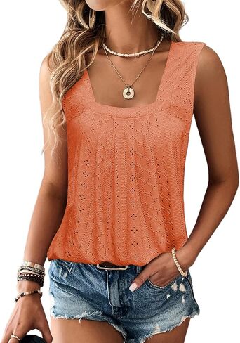 EGRETLAC Women Square Neck Summer Sleeveless Tank Tops, Cute Babydoll Tops Fashion Eyelet Tunic Curved Hem Shirts Blouses in Kuwait