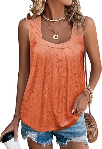 EGRETLAC Women Square Neck Summer Sleeveless Tank Tops, Cute Babydoll Tops Fashion Eyelet Tunic Curved Hem Shirts Blouses in Kuwait