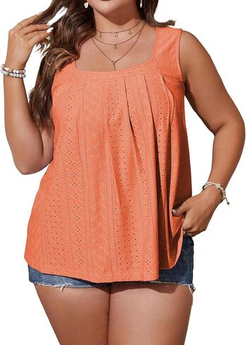 EGRETLAC Women Square Neck Summer Sleeveless Tank Tops, Cute Babydoll Tops Fashion Eyelet Tunic Curved Hem Shirts Blouses in Kuwait