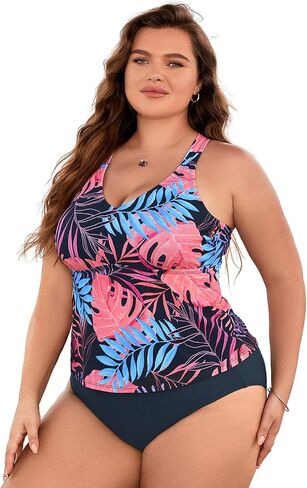 CUPSHE Women Swimsuit Plus Size Tankini Bathing Suit Scoop Neck Crisscross Self Tie Back Tropical Print in Saudi Arabia