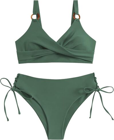 ZAFUL Women's Twist Front O Ring Bikini Sets Push Up Swimsuits V Neck Lace Up Two Piece Bathing Suits in Saudi Arabia