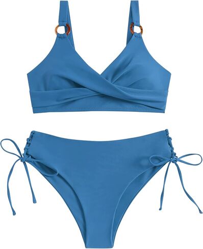 ZAFUL Women's Twist Front O Ring Bikini Sets Push Up Swimsuits V Neck Lace Up Two Piece Bathing Suits in Saudi Arabia