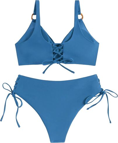 ZAFUL Women's Twist Front O Ring Bikini Sets Push Up Swimsuits V Neck Lace Up Two Piece Bathing Suits in Saudi Arabia
