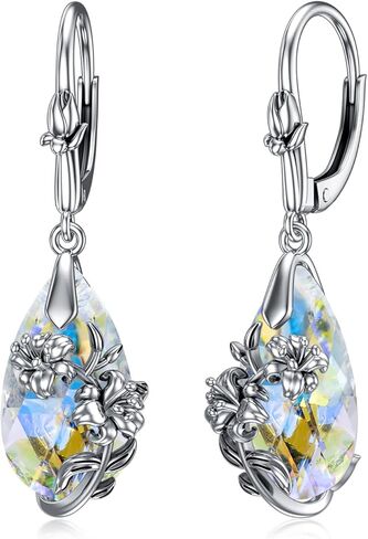 Mothers Day Gifts Birth Flower Aurora Borealis Earrings Sterling Silver Hypoallergenic Crystal Birthday Floral Flower Jewelry Birthday Gifts for Women Mom in Kuwait