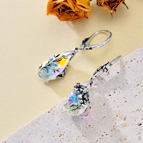 Mothers Day Gifts Birth Flower Aurora Borealis Earrings Sterling Silver Hypoallergenic Crystal Birthday Floral Flower Jewelry Birthday Gifts for Women Mom in Kuwait