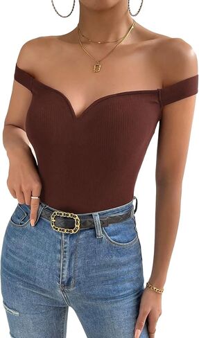 Floerns Women's Solid Off Shoulder Short Sleeve Rib Knit Slim Fit Tee Shirt in Saudi Arabia
