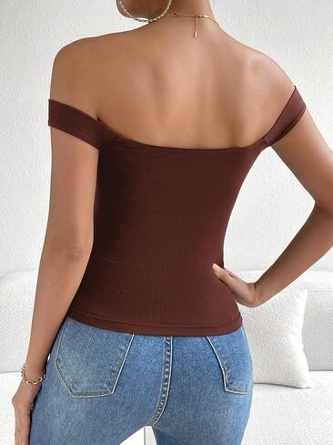 Floerns Women's Solid Off Shoulder Short Sleeve Rib Knit Slim Fit Tee Shirt in Saudi Arabia