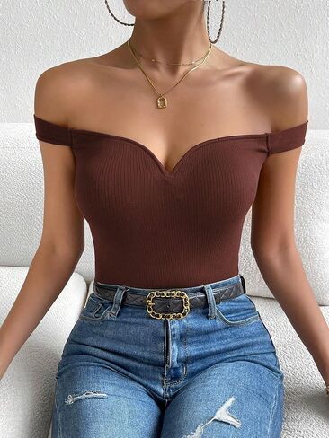Floerns Women's Solid Off Shoulder Short Sleeve Rib Knit Slim Fit Tee Shirt in Saudi Arabia