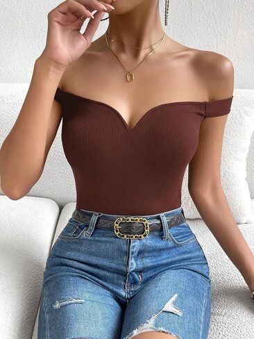 Floerns Women's Solid Off Shoulder Short Sleeve Rib Knit Slim Fit Tee Shirt in Saudi Arabia