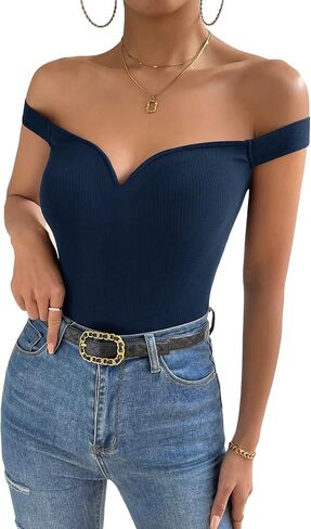 Floerns Women's Solid Off Shoulder Short Sleeve Rib Knit Slim Fit Tee Shirt in Saudi Arabia