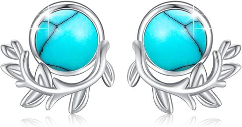 S925 Sterling Silver Leaf Turquoise/Opal Stud Earrings Small Leaves Round Studs Hypoallergenic Turquoise Earrings Turquoise Jewelry Gift for Women Teen Girls Birthday Valentine's Day Gift in Kuwait