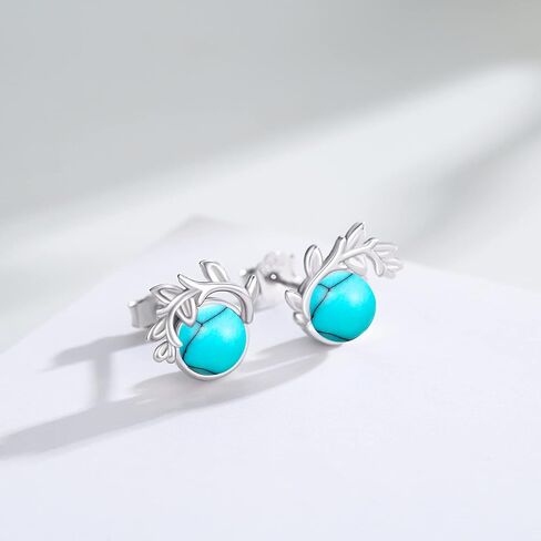 S925 Sterling Silver Leaf Turquoise/Opal Stud Earrings Small Leaves Round Studs Hypoallergenic Turquoise Earrings Turquoise Jewelry Gift for Women Teen Girls Birthday Valentine's Day Gift in Kuwait