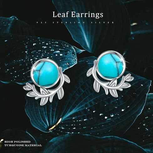 S925 Sterling Silver Leaf Turquoise/Opal Stud Earrings Small Leaves Round Studs Hypoallergenic Turquoise Earrings Turquoise Jewelry Gift for Women Teen Girls Birthday Valentine's Day Gift in Kuwait