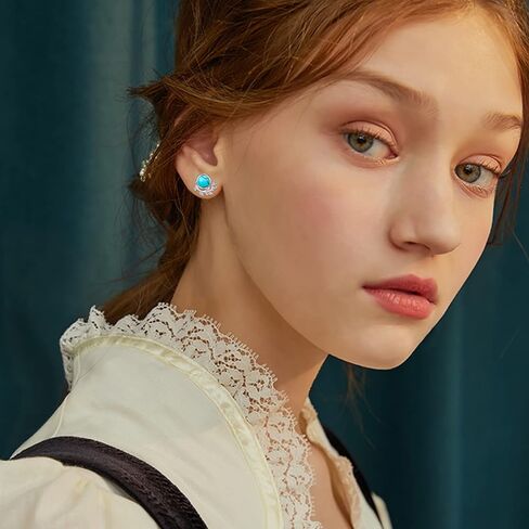 S925 Sterling Silver Leaf Turquoise/Opal Stud Earrings Small Leaves Round Studs Hypoallergenic Turquoise Earrings Turquoise Jewelry Gift for Women Teen Girls Birthday Valentine's Day Gift in Kuwait