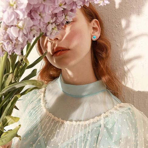 S925 Sterling Silver Leaf Turquoise/Opal Stud Earrings Small Leaves Round Studs Hypoallergenic Turquoise Earrings Turquoise Jewelry Gift for Women Teen Girls Birthday Valentine's Day Gift in Kuwait