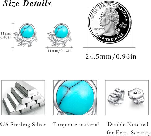 S925 Sterling Silver Leaf Turquoise/Opal Stud Earrings Small Leaves Round Studs Hypoallergenic Turquoise Earrings Turquoise Jewelry Gift for Women Teen Girls Birthday Valentine's Day Gift in Kuwait