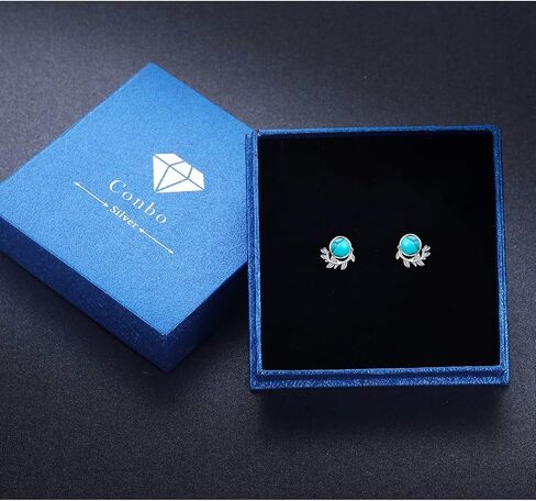S925 Sterling Silver Leaf Turquoise/Opal Stud Earrings Small Leaves Round Studs Hypoallergenic Turquoise Earrings Turquoise Jewelry Gift for Women Teen Girls Birthday Valentine's Day Gift in Kuwait