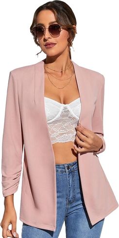 WDIRARA Women's V Neck Long Ruched Sleeve Open Front Jacket Waistcoat Button Front Blazer in Saudi Arabia