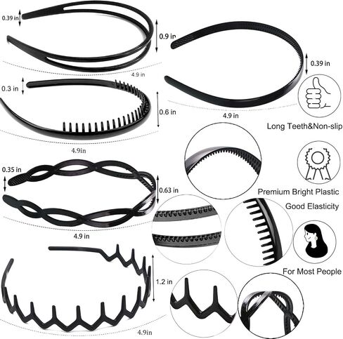 10 pcs Non Slip Fashion Effortless Plastic Headbands with Teeth Skinny Hair Bands Combs for Women Men Teen Girls in Saudi Arabia