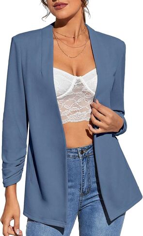 WDIRARA Women's V Neck Long Ruched Sleeve Open Front Jacket Waistcoat Button Front Blazer in Saudi Arabia