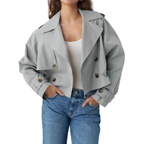 Tankaneo Womens Cropped Trench Coat Lapel Double Breasted Short Jacket Outwear with Pockets