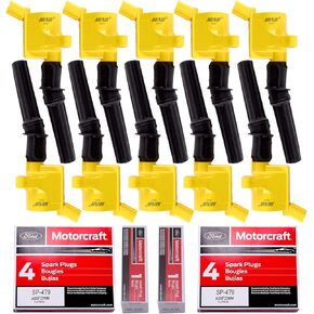 MAS Set of 10 Ignition Coil Pack Yellow DG508 Curved Boot & Motorcraft Spark Plug SP479 Compatible with Ford F150 F250 Expedition E150 Lincoln Replacement for FD503 DG457 C1417