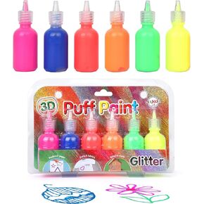 Playkidiz Puff Paint, 6 Pack 3-D Fabric Paint, Glitter Colors, Permanent Non-Toxic Paint Set for Kids, Ages 3+