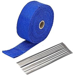 2" x 50' Exhaust Heat Wrap Roll for Motorcycle Fiberglass Heat Shield Tape with Stainless Ties (Blue)