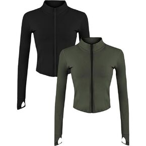 Gihuo Women's 2 Pack Athletic Yoga Jacket Cropped Full Zip Jackets Long Sleeve Lightweight Workout Tops with Thumb Holes