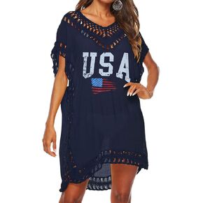 American flag Swimsuit Coverup for Women V Neck Crochet Loose Casual Bathing Suit Cover Up
