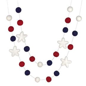 Fourth of July Garland- Red, White, Navy Blue with White Stars- 6 ft String with 25 Adjustable Shapes, 1" Felt Balls - Handmade 100% Wool- Memorial Day USA American Flag