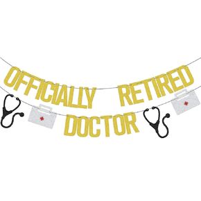 Officially Retired Doctor Banner, Officially Retirement Decorations, Doctor Party Decorations, Happy Retirement Party Decoration Gold & Red & Black Glitter