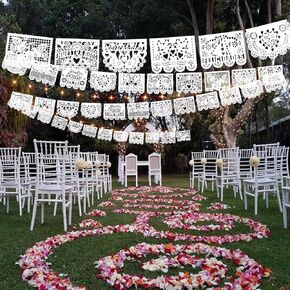 PAPEL PICADO VIVANCO Authentic papel picado for wedding, Mexican style wedding, kit includes 5 strips of papel picado, 2 paper garlands, 2 paper hearts and a sign "our wedding" - handmade