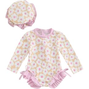 Toddler Baby Girl One Piece Swimsuit Floral Ruffle Long Sleeve Swimwear Rash Guard Bathing Suit Infant Beach Outfit