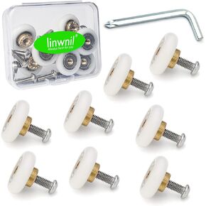 Set of 8 Shower Door Rollers, Brass, Stainless Steel Bearing 19mm (3/4 inch) Wheel Diameter with Screws and Installation Screwdriver, All in Hard Plastic Storage Case - for Sliding Doors and Windows